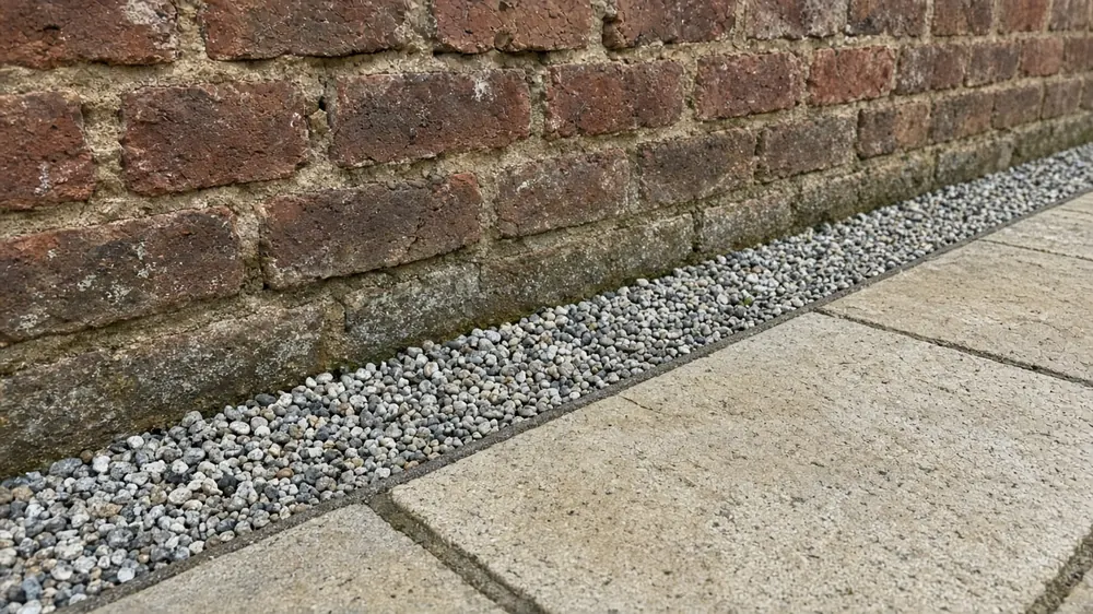 Example image: a sandstone patio meeting an old brick wall