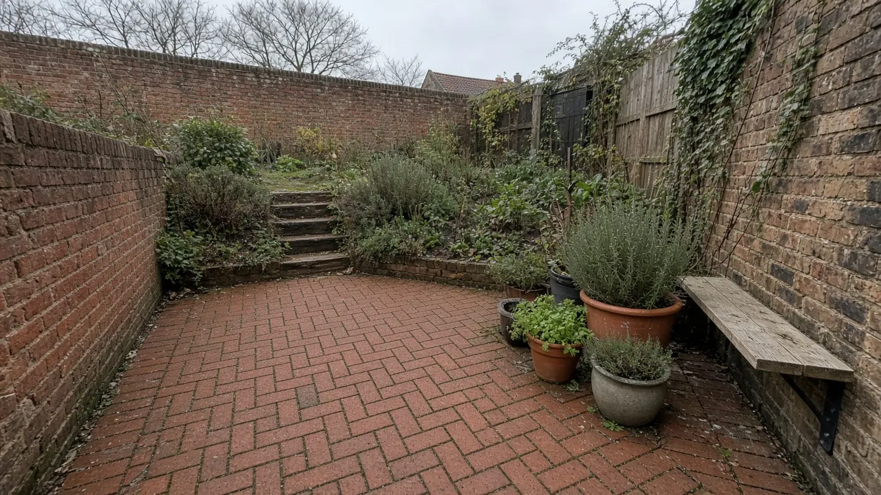 Example image: red clay pavers in herringbone in a narrow terraced garden