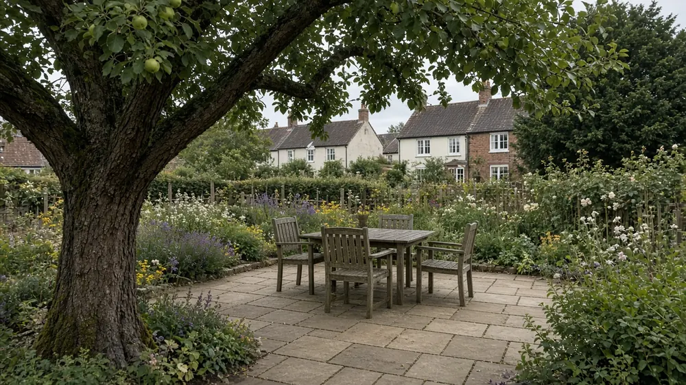 Example image: a stone patio in a village garden of the kind found in Bishopthorpe