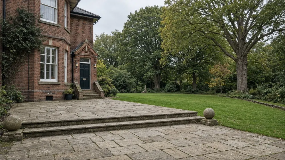 Example image: a York stone terrace with steps down to a lawn