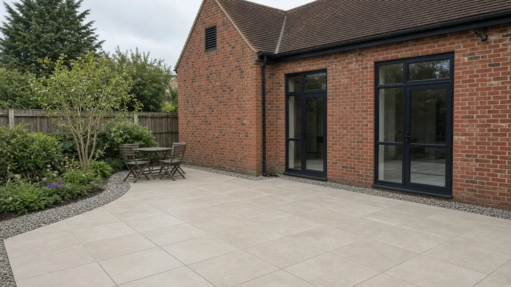 Example image: a stone patio in a large village garden like many in the Poppletons