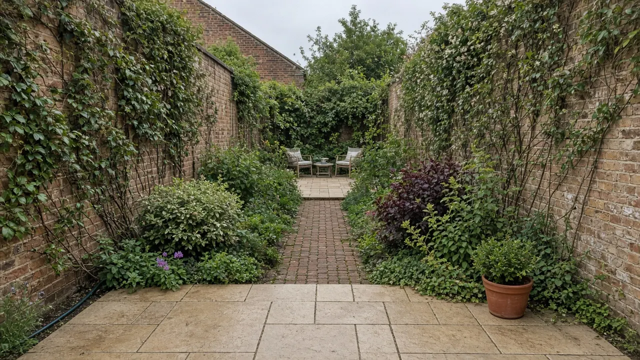 Example image: a long narrow walled garden with two paved seating areas