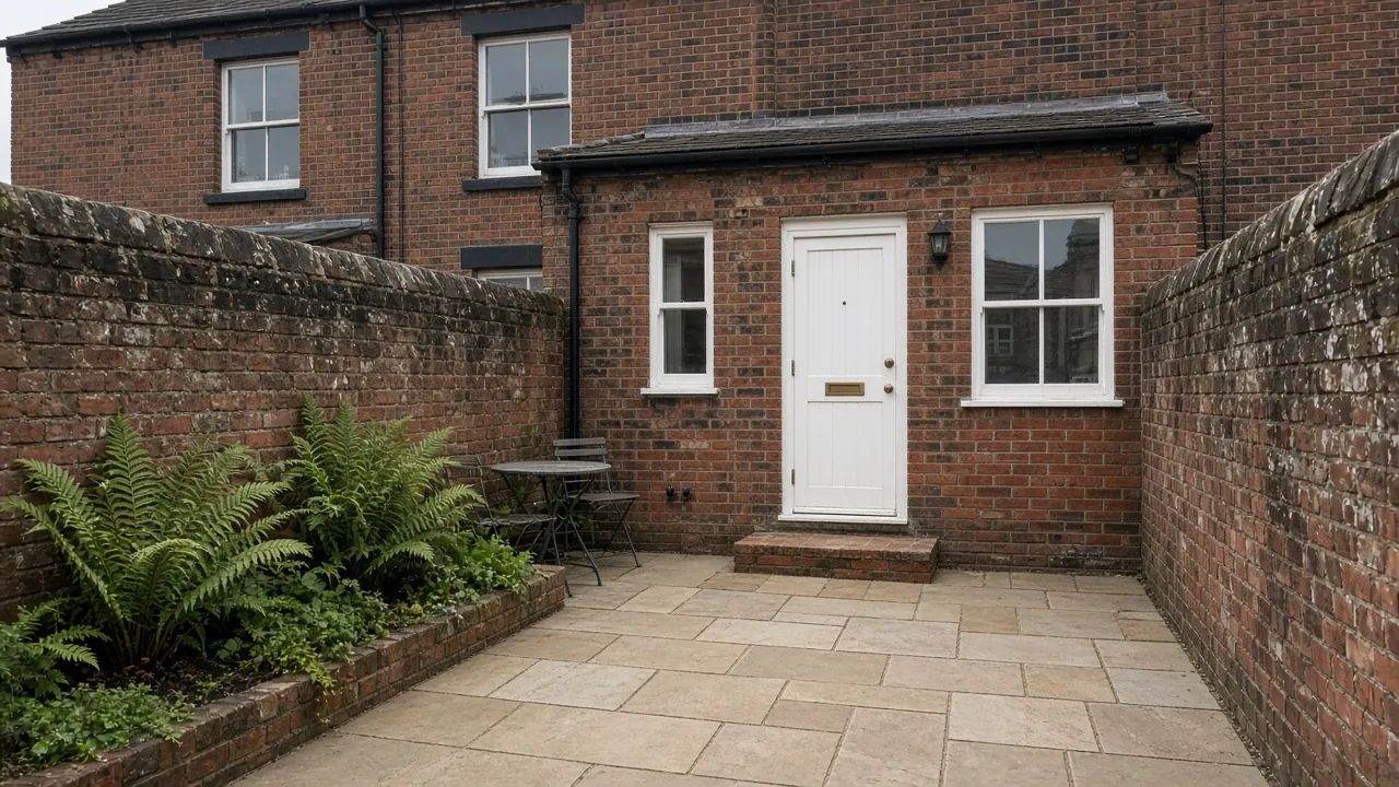 Example image: a sandstone-paved walled yard behind a Victorian terrace