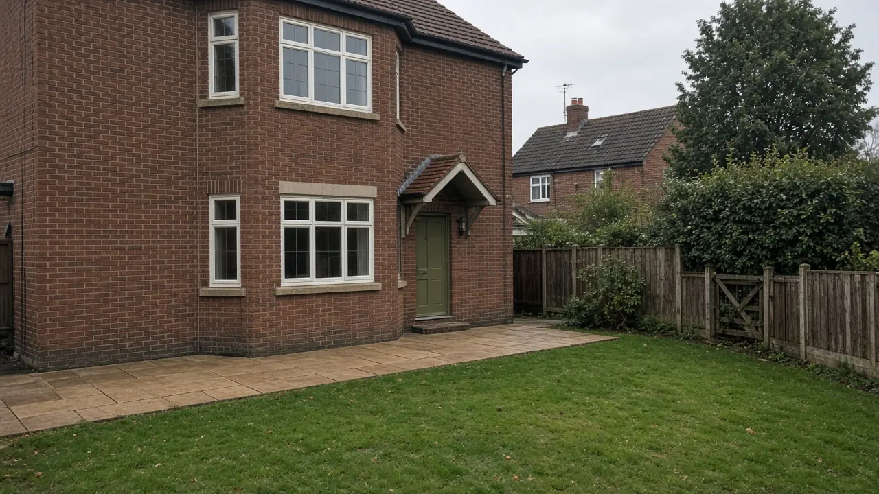 Example image: buff sandstone patio across the back of a brick house in York, with a lawn and fence