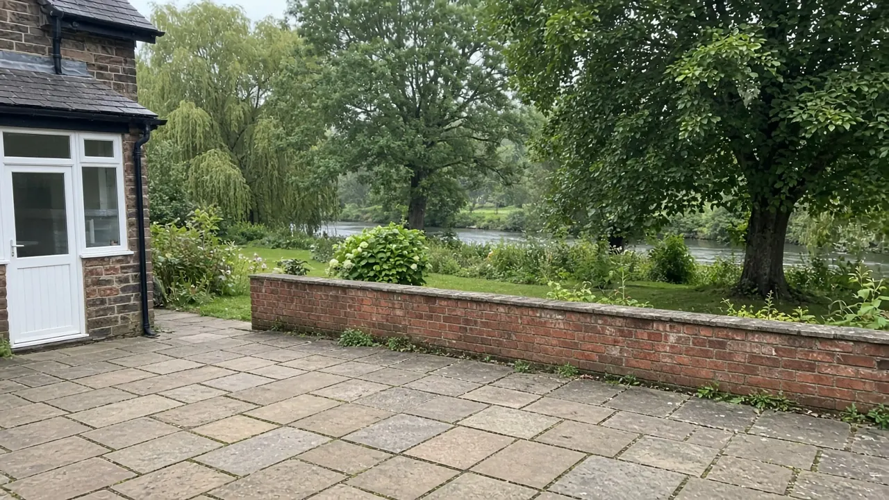 Example image: York stone patio with a low brick wall behind a detached village house near a river
