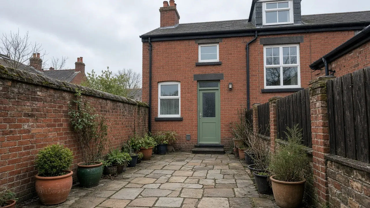Example image: natural stone paving in a narrow walled garden behind a Victorian brick terrace