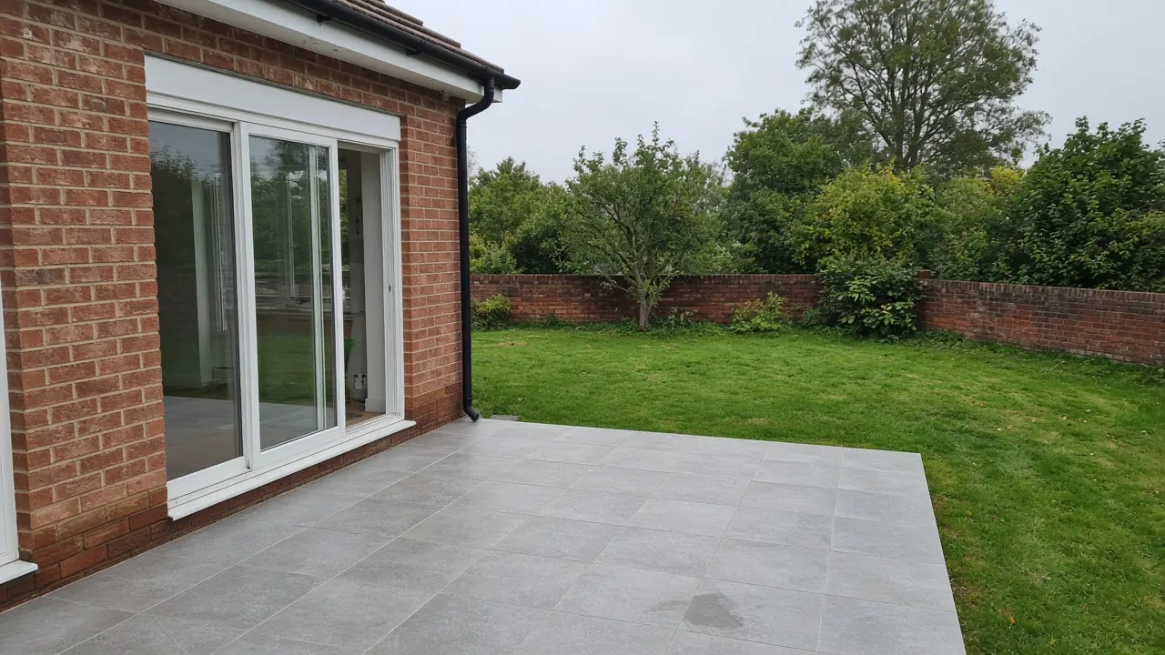 Example image: grey porcelain patio outside sliding doors on a 1930s detached house with a lawn