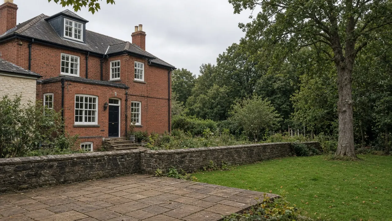 Example image: sandstone patio and low wall behind a detached Edwardian house with mature trees
