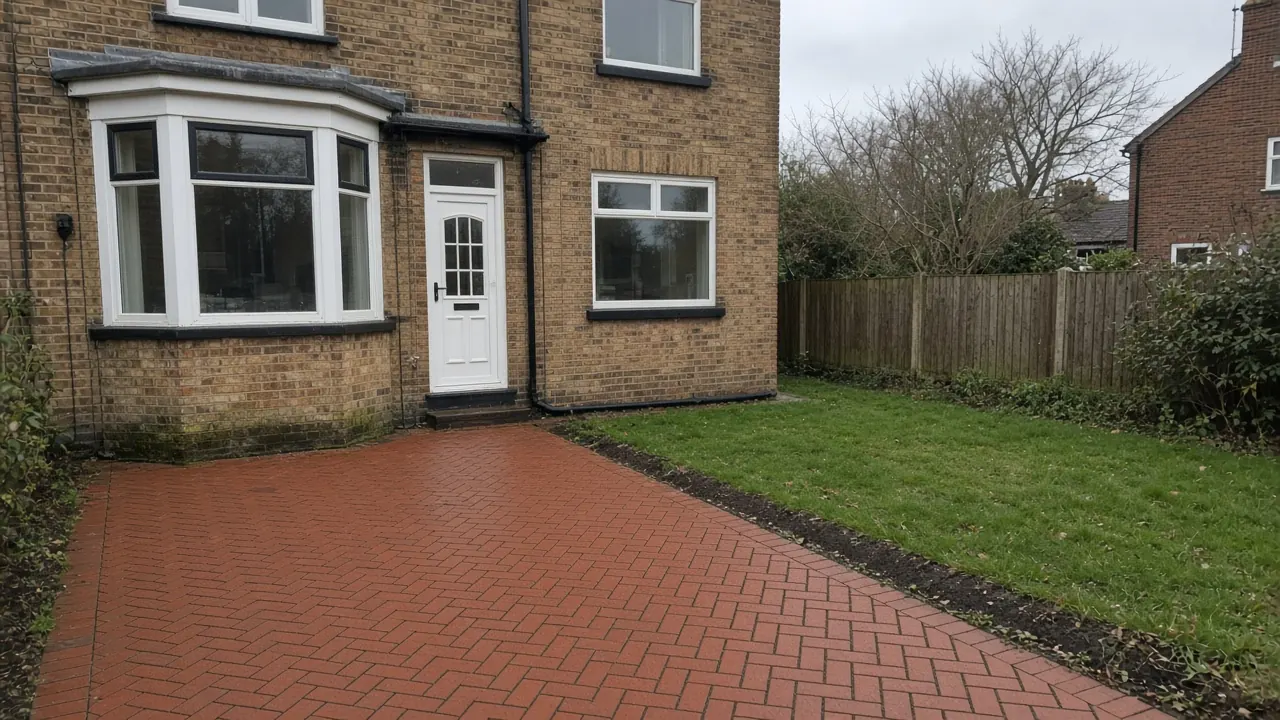 Example image: red clay paver patio in herringbone behind a 1930s house with a small lawn