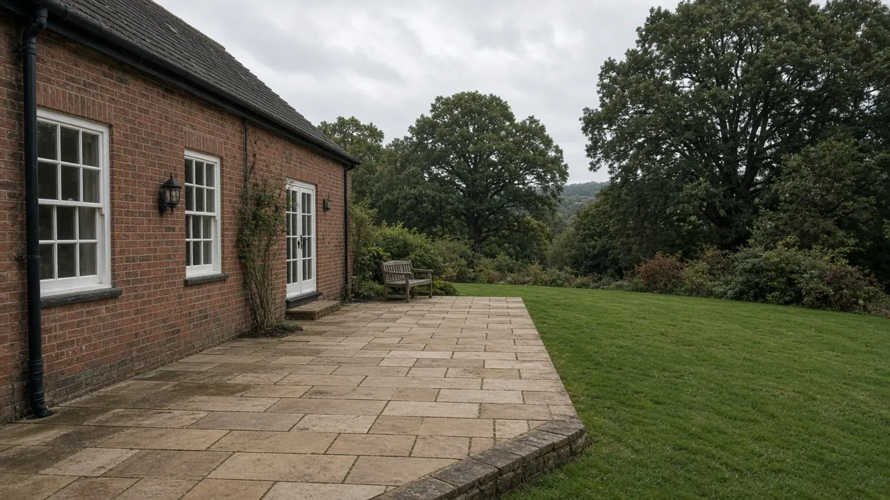 Example image: wide sandstone terrace behind a detached brick house with a large lawn and trees