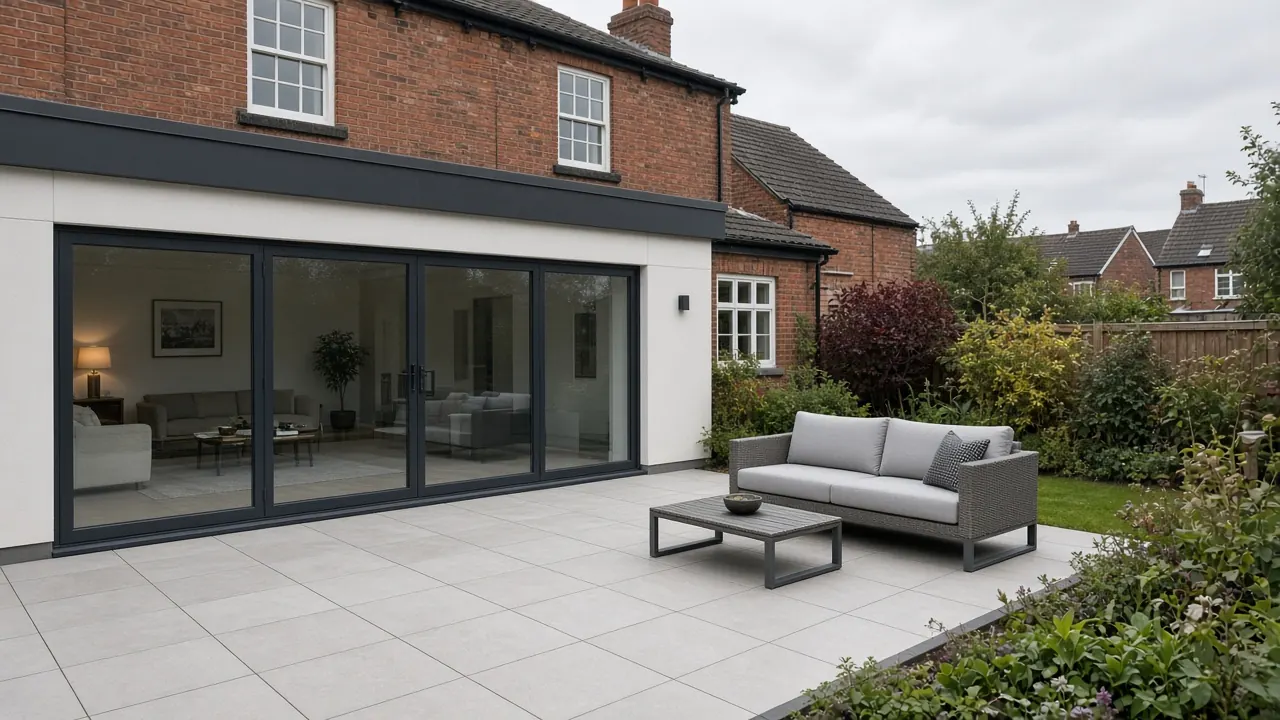Example image: a light grey porcelain patio outside a rear extension