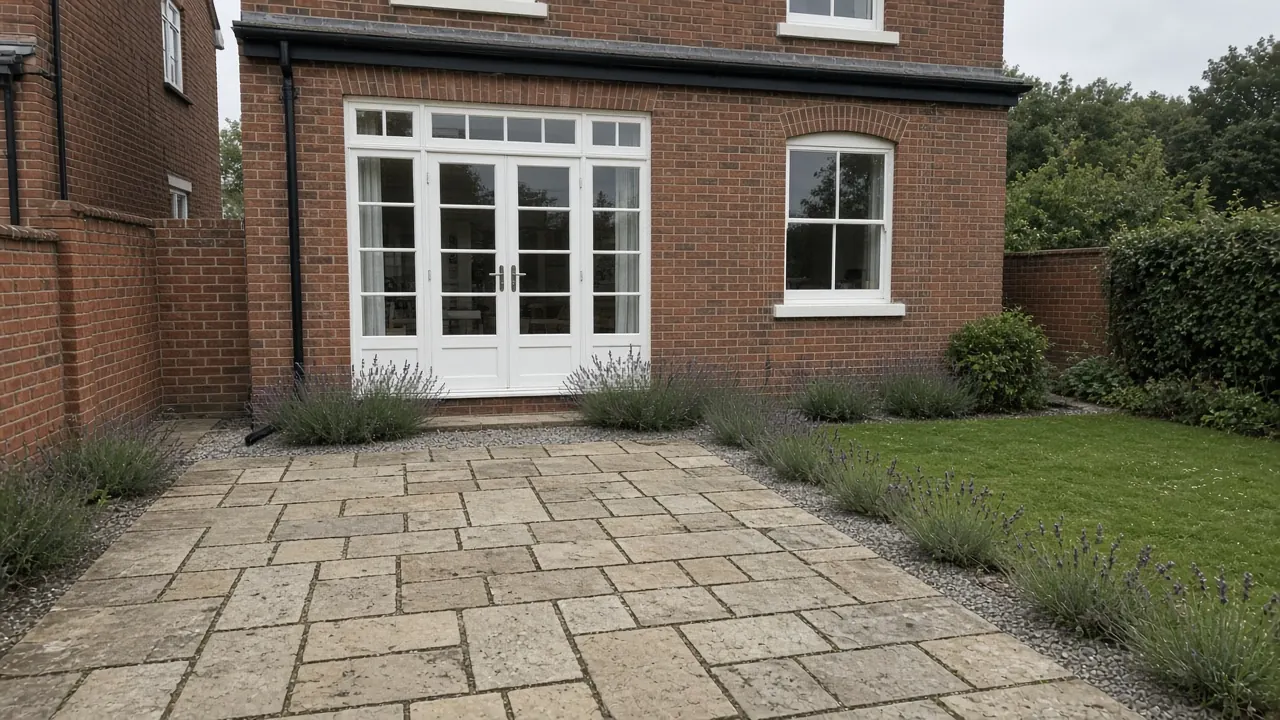 Example image: a York stone flag patio outside French doors on an Edwardian house